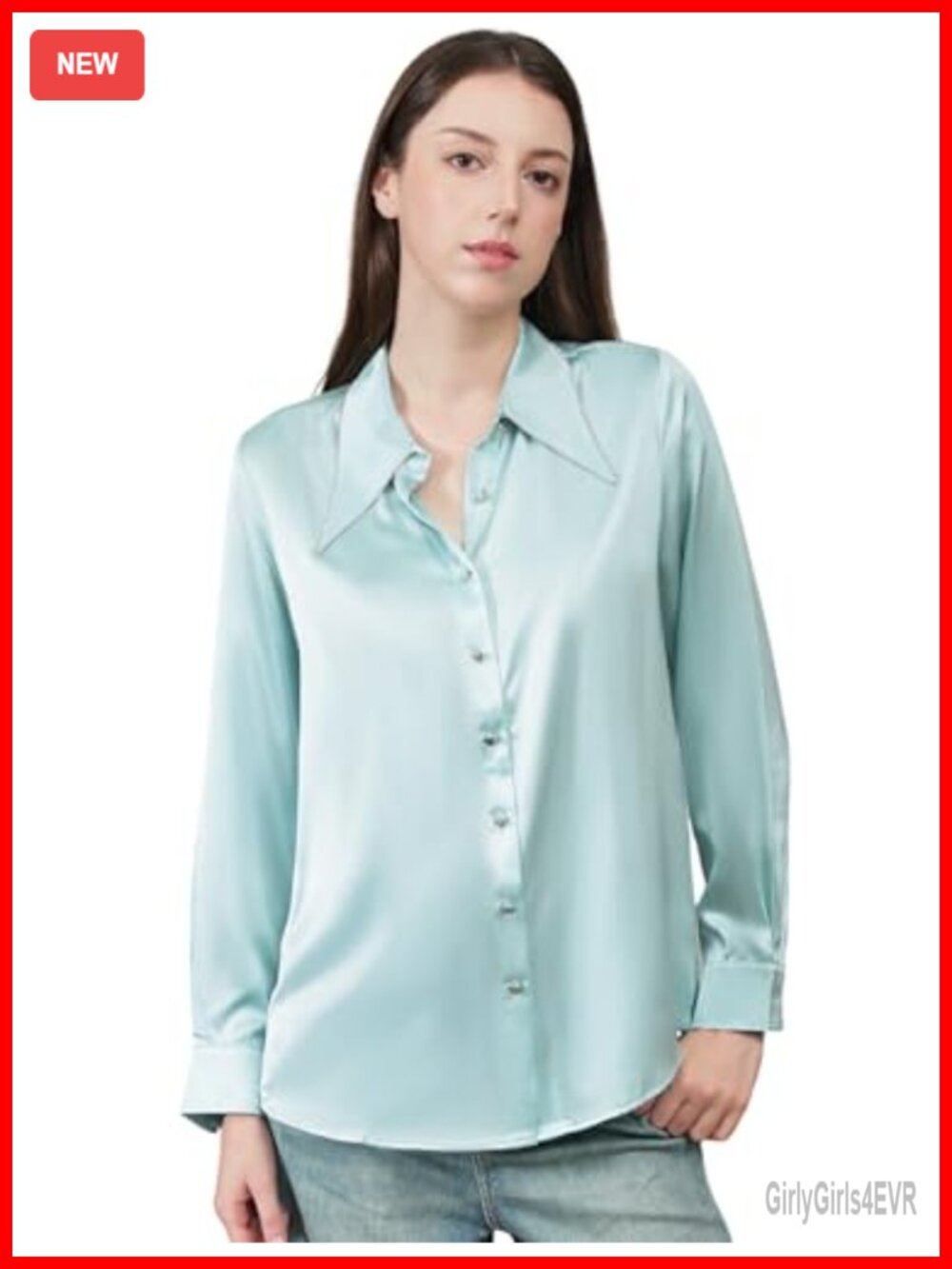 100% Mulberry Silk Blouse V-Neck Long Sleeve Button-Down Shirt